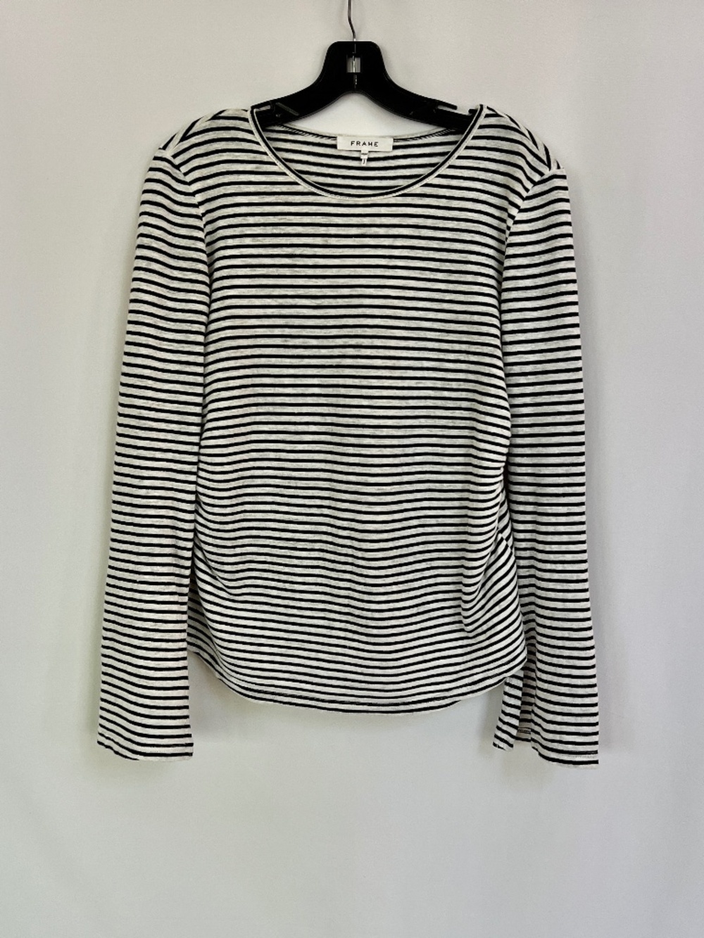 FRAME Crew Neck Top Linen Blend Black white Stripe Bell-Sleeve Size M